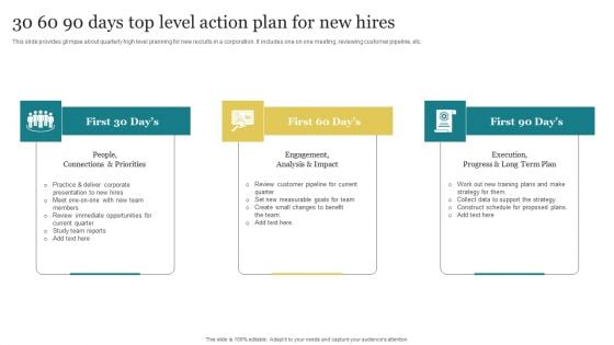30 60 90 Days Top Level Action Plan For New Hires Background PDF