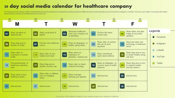 30 Day Social Media Calendar For Healthcare Company Guidelines PDF