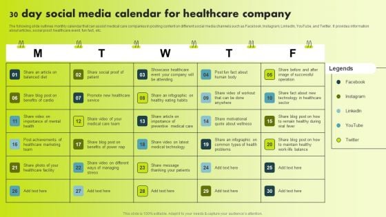 30 Day Social Media Calendar For Healthcare Company Guidelines PDF