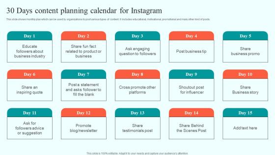 30 Days Content Planning Calendar For Instagram Online Advertising Solutions Guidelines Pdf