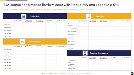 360 Degree Performance Review Sheet With Productivity And Leadership Kpis Graphics PDF