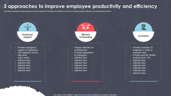 3 Approaches To Improve Employee Productivity And Efficiency Ppt PowerPoint Presentation Layouts PDF