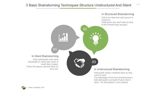 3 Basic Brainstorming Techniques Structure Unstructured And Silent Ppt PowerPoint Presentation Model Background Designs