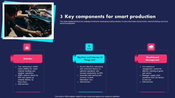 3 Key Components For Smart Production Ppt PowerPoint Presentation Gallery Influencers PDF