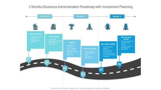 3 Months Business Administration Roadmap With Investment Planning Icons