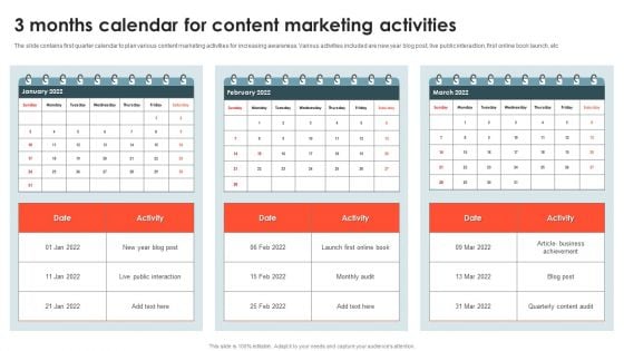 3 Months Calendar For Content Marketing Activities Mockup PDF