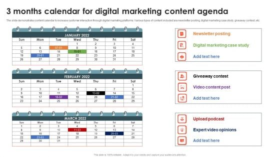 3 Months Calendar For Digital Marketing Content Agenda Diagrams PDF