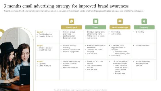 3 Months Email Advertising Strategy For Improved Brand Awareness Pictures PDF