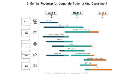 3 Months Roadmap For Corporate Trademarking Department Infographics 3 Months Roadmap For Corporate Trademarking Department Infographics