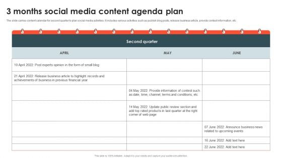 3 Months Social Media Content Agenda Plan Ideas PDF