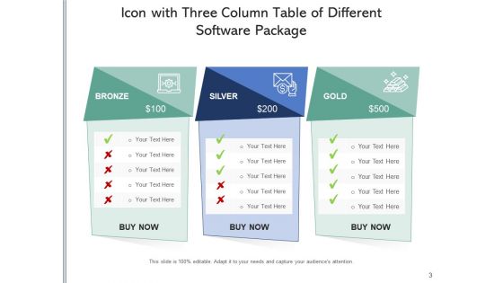 3 Pillar Table With Icon Price Plan Ppt PowerPoint Presentation Complete Deck