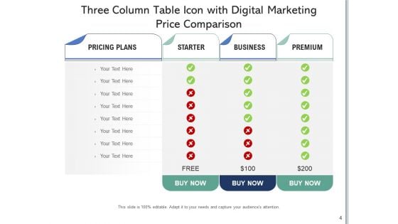 3 Pillar Table With Icon Price Plan Ppt PowerPoint Presentation Complete Deck