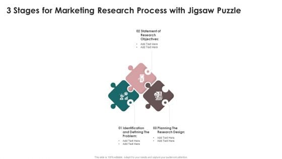 3 Stages For Marketing Research Process With Jigsaw Puzzle Mockup PDF