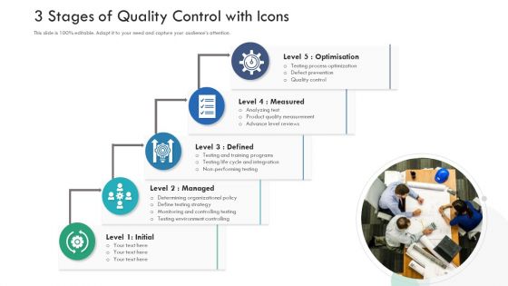 3 Stages Of Quality Control With Icons Ppt PowerPoint Presentation File Example PDF