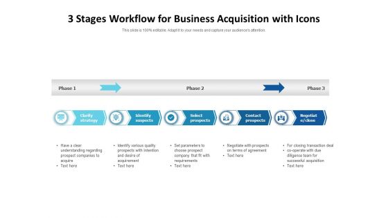 3 Stages Workflow For Business Acquisition With Icons Ppt PowerPoint Presentation Gallery Visual Aids PDF