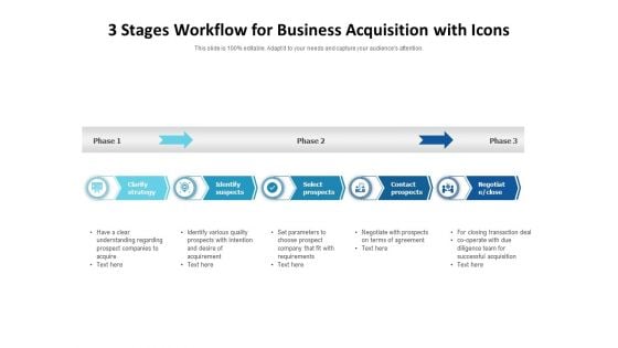 3 Stages Workflow For Business Acquisition With Icons Ppt PowerPoint Presentation Gallery Visual Aids PDF