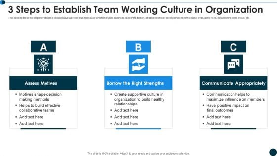 3 Steps To Establish Team Working Culture In Organization Ppt Ideas Model PDF 3 Steps To Establish Team Working Culture In Organization Ppt Ideas Model PDF