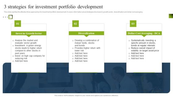 3 Strategies For Investment Portfolio Development Ppt PowerPoint Presentation File Show PDF