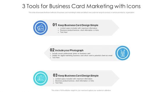 3 Tools For Business Card Marketing With Icons Ppt Summary Show PDF