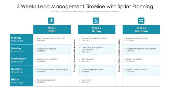 3 Weeks Lean Management Timeline With Sprint Planning Ppt PowerPoint Presentation Example File PDF