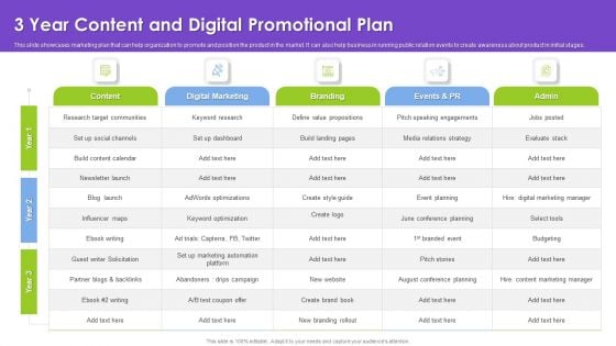 3 Year Content And Digital Promotional Plan Introduction PDF
