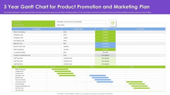 3 Year Gantt Chart For Product Promotion And Marketing Plan Demonstration PDF