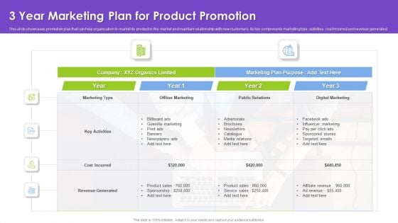 3 Year Marketing Plan For Product Promotion Elements PDF