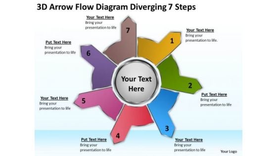 3d Arrow Flow Diagram Diverging 7 Steps Charts And Diagrams PowerPoint Templates