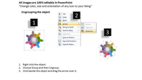 3d Arrow Flow Diagram Diverging 7 Steps Charts And Diagrams PowerPoint Templates