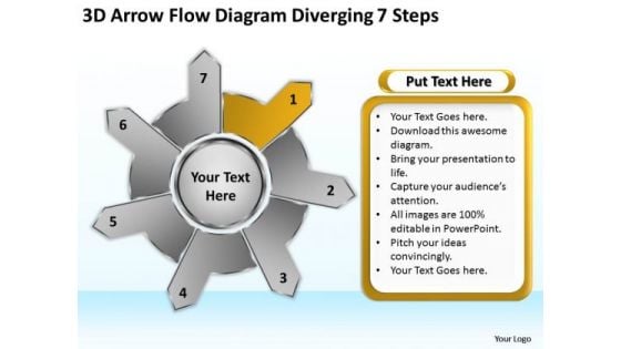 3d Arrow Flow Diagram Diverging 7 Steps Circular PowerPoint Slides