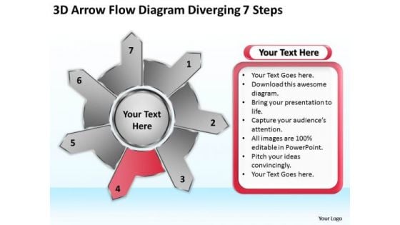 3d Arrow Flow Diagram Diverging 7 Steps Circular Process Network PowerPoint Slides