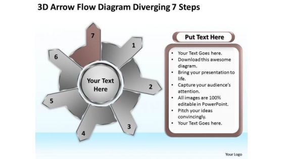 3d Arrow Flow Diagram Diverging 7 Steps Cycle Spoke Chart PowerPoint Slides