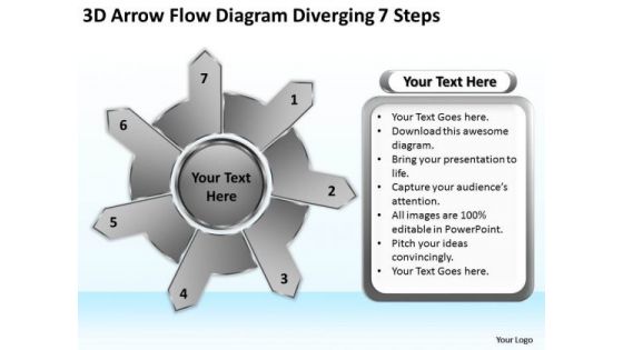3d Arrow Flow Diagram Diverging 7 Steps Gear Chart PowerPoint Templates
