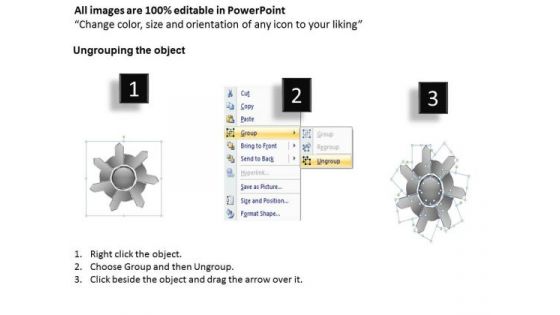 3d Arrow Flow Diagram Diverging 7 Steps Gear Chart PowerPoint Templates