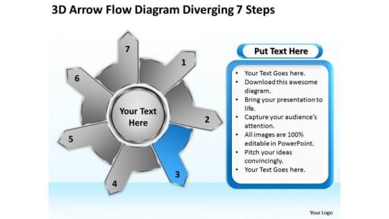 3d Arrow Flow Diagram Diverging 7 Steps Gear PowerPoint Templates