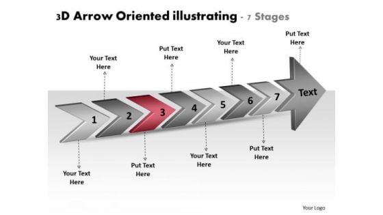 3d Arrow Oriented Illustrating 7 Stages Ppt Flowchart Maker PowerPoint Slides