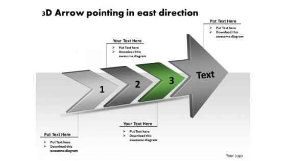 3d Arrow Pointing East Direction Ppt Flow Diagram PowerPoint Slides