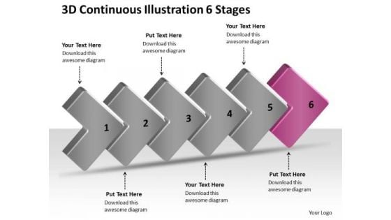 3d Continuous Illustration 6 Stages Business Flowcharting PowerPoint Free Slides