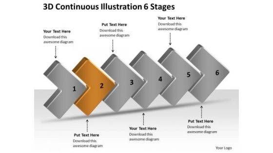 3d Continuous Illustration 6 Stages Ppt Work Process Flow Chart PowerPoint Templates