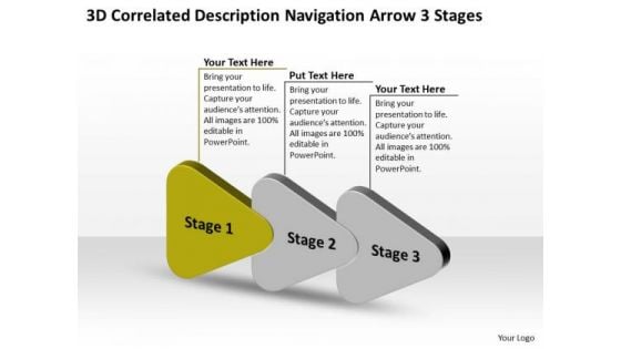 3d Correlated Description Navigation Arrow Stages Business Flowcharting PowerPoint Free Slides