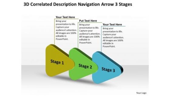3d Correlated Description Navigation Arrow Stages Flowcharting PowerPoint Free Slides