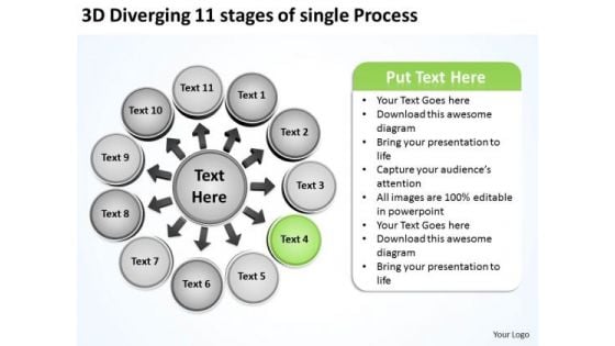 3d Diverging 11 Stages Of Single Process Business Circular Flow Arrow Chart PowerPoint Slides