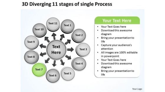 3d Diverging 11 Stages Of Single Process Circle Arrows Network Software PowerPoint Slides