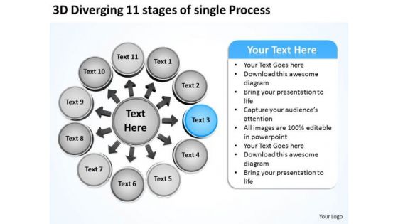 3d Diverging 11 Stages Of Single Process Circular Flow Arrow Chart PowerPoint Slides