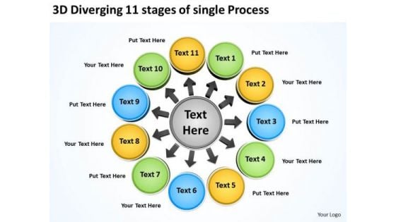 3d Diverging 11 Stages Of Single Process Ppt Charts And Diagrams PowerPoint Templates