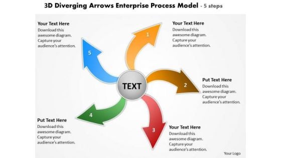 3d Diverging Arrows Enterprise Process Model 5 Steps Circular PowerPoint Slides