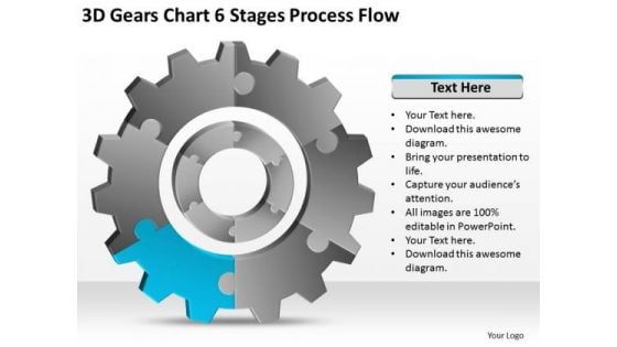 3d Gears Chart 6 Stages Process Flow Ppt Business Plan Sample PowerPoint Slides