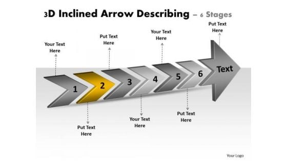 3d Inclined Arrow Describing 6 Stages Vision Office Stencils PowerPoint Slides