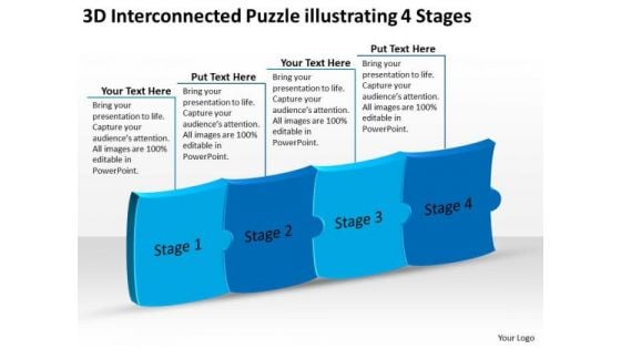 3d Interconnected Puzzle Illustrating 4 Stages Flowchart Programs PowerPoint Templates