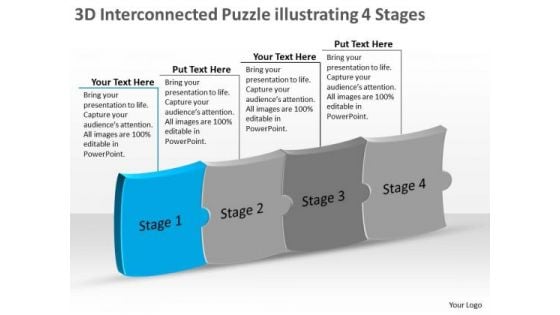 3d Interconnected Puzzle Illustrating 4 Stages Manufacturing Process Flow Chart PowerPoint Templates